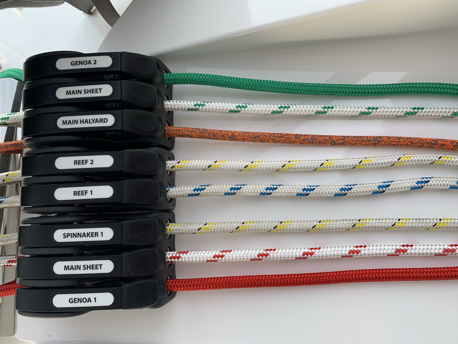 Color-coded and labeled running lines — Genoa, Main Sheet, Spinnaker, Reefs, Halyards — each in its place