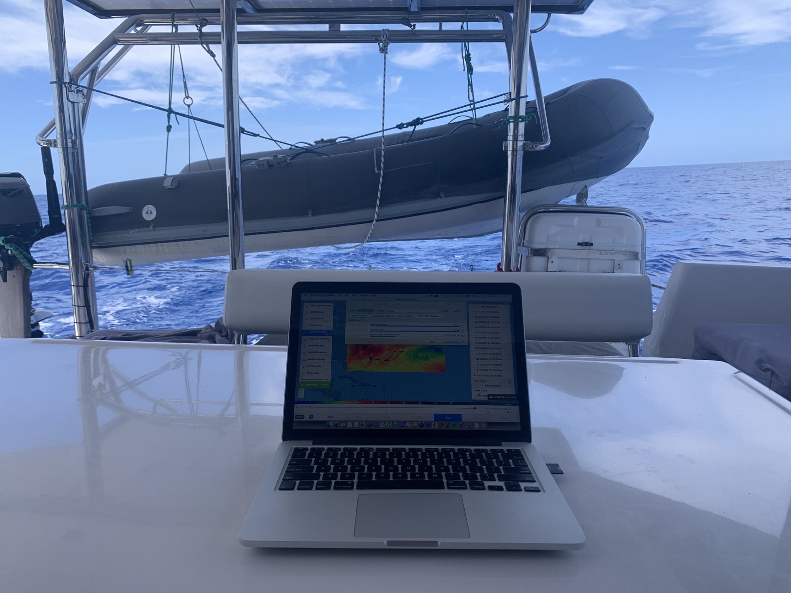 The cockpit weather station. Every weather window starts with a screen full of grib files and a lot of coffee.