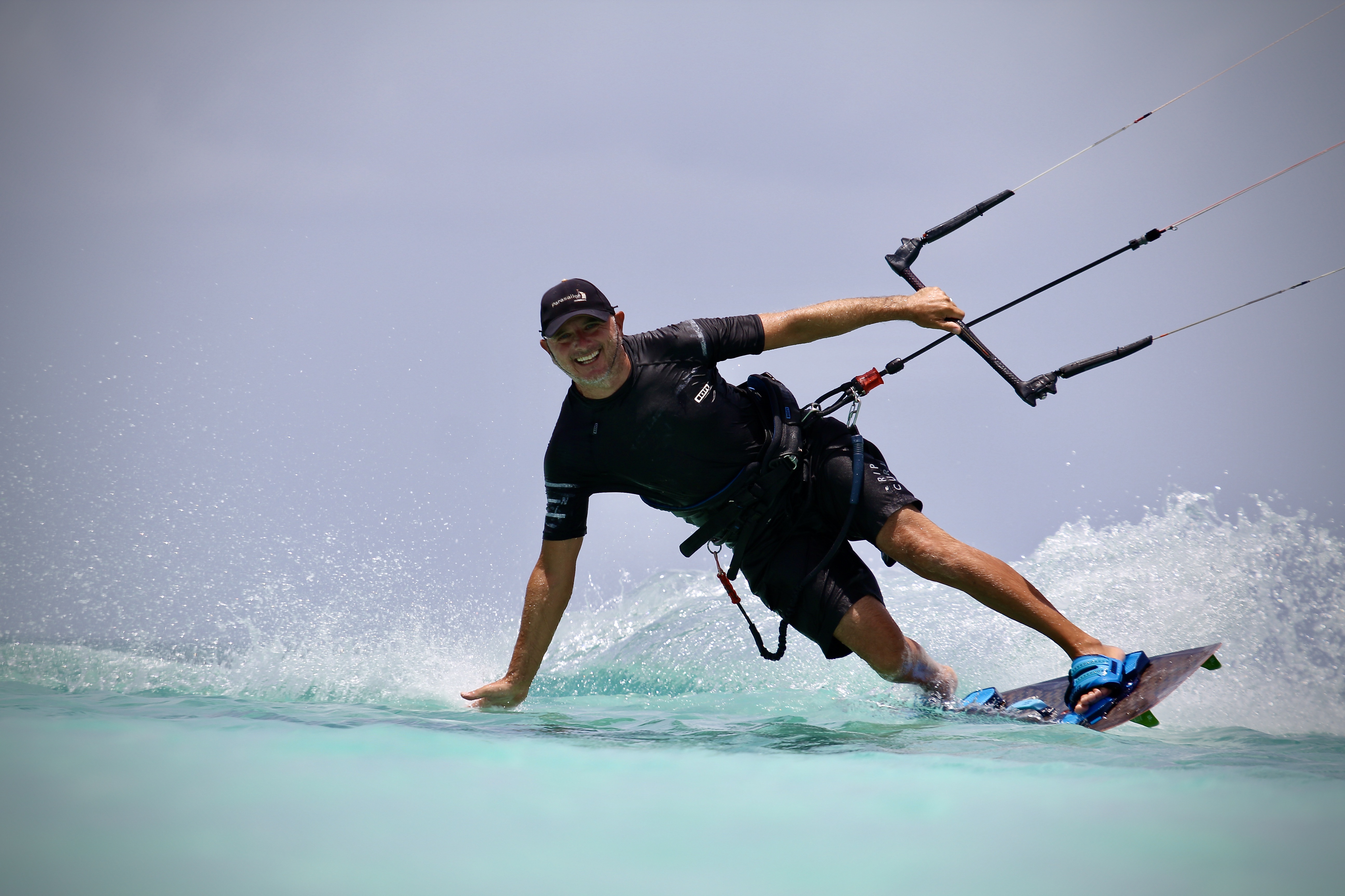 Francesco kiteboarding in Barbuda, grinning