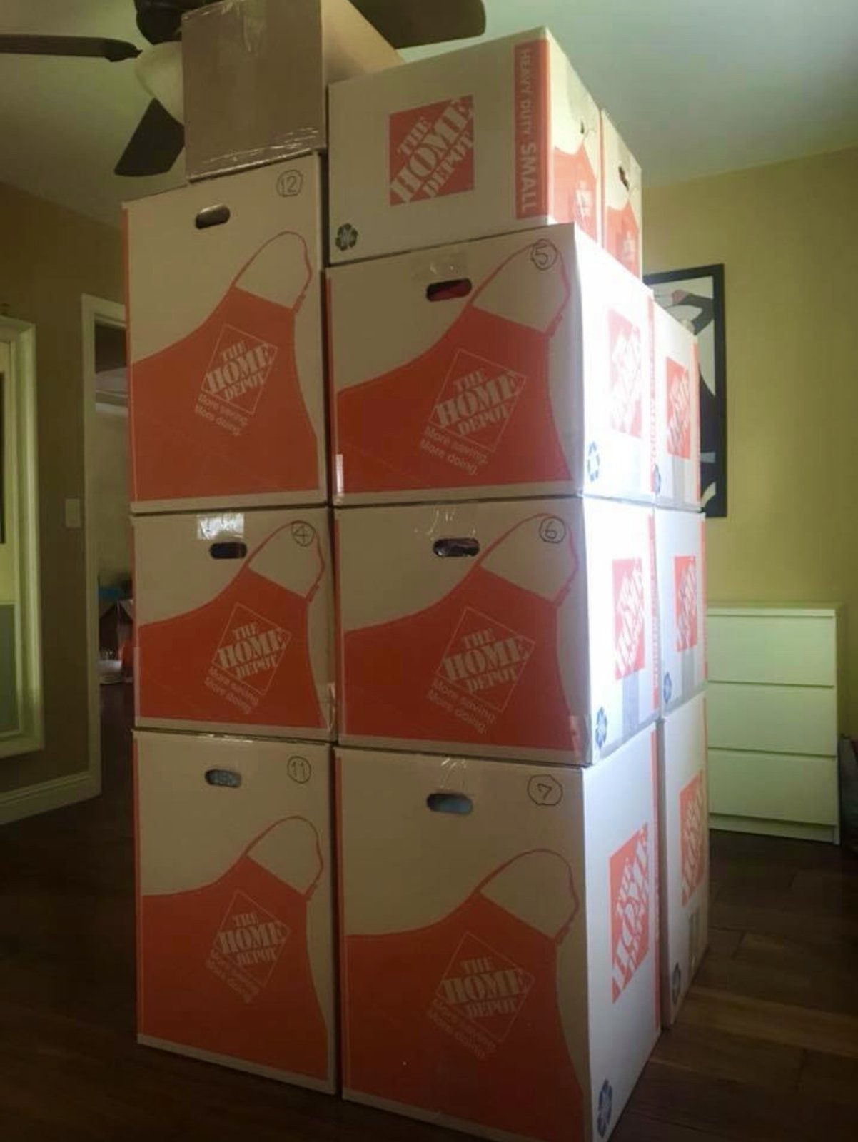 14 Home Depot boxes packed in our Campbell home, ready for the long journey to Cape Town