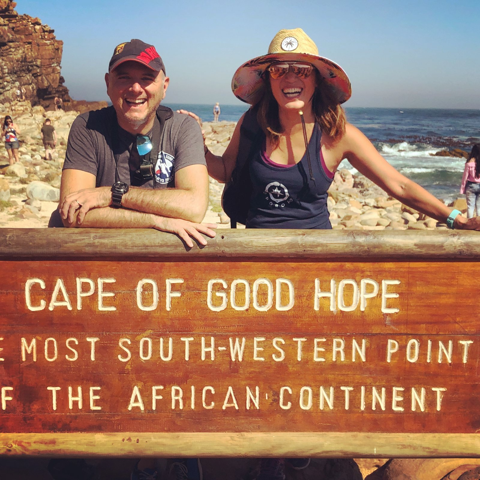 Francesco and Yuka at the Cape of Good Hope — the most south-western point of the African continent