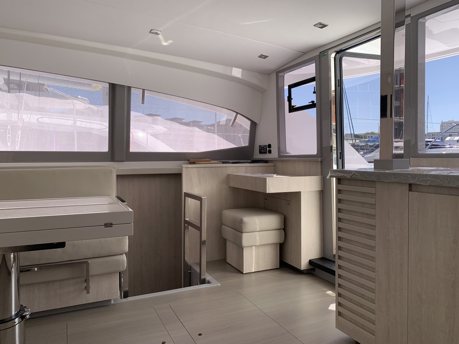 The nav station, with the foredeck door leading to the trampoline