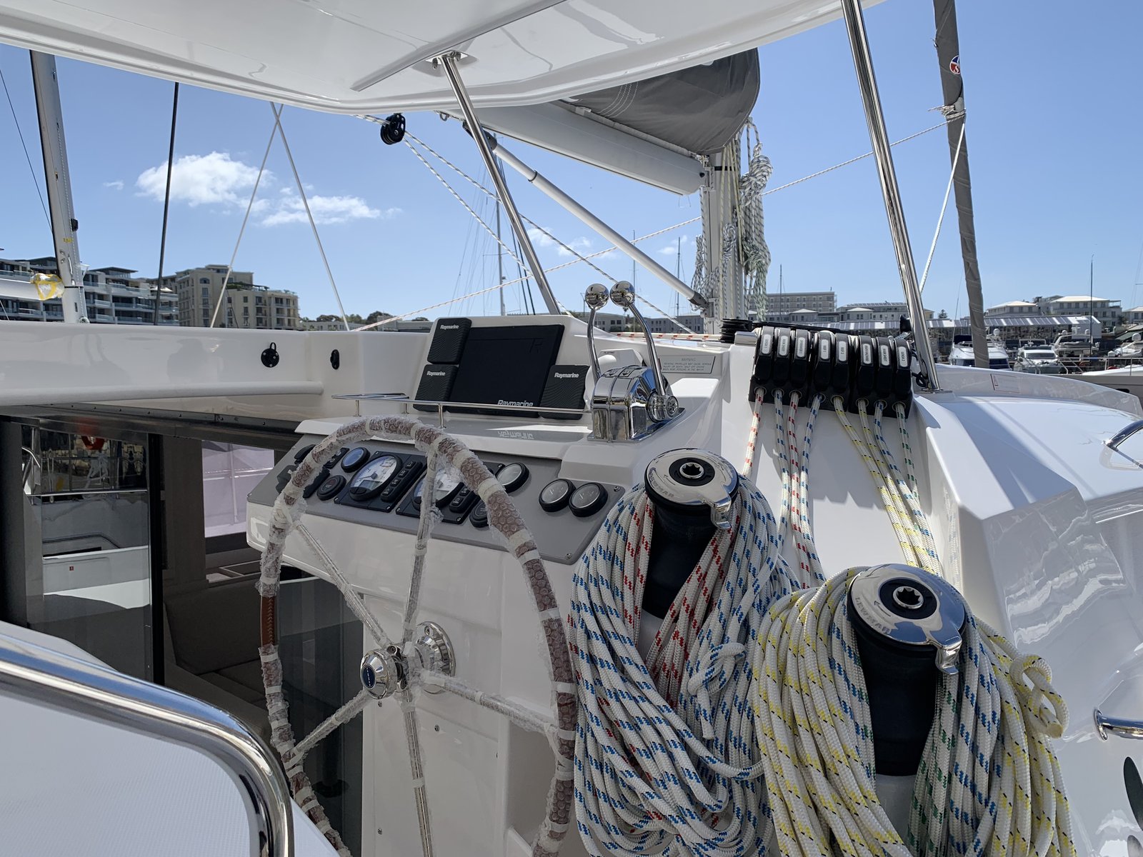 The cockpit and helm station from the aft deck
