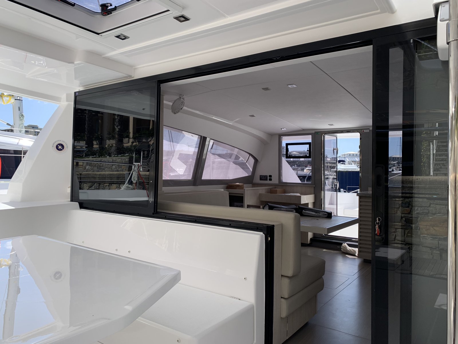 The view from the cockpit through the large sliding saloon door