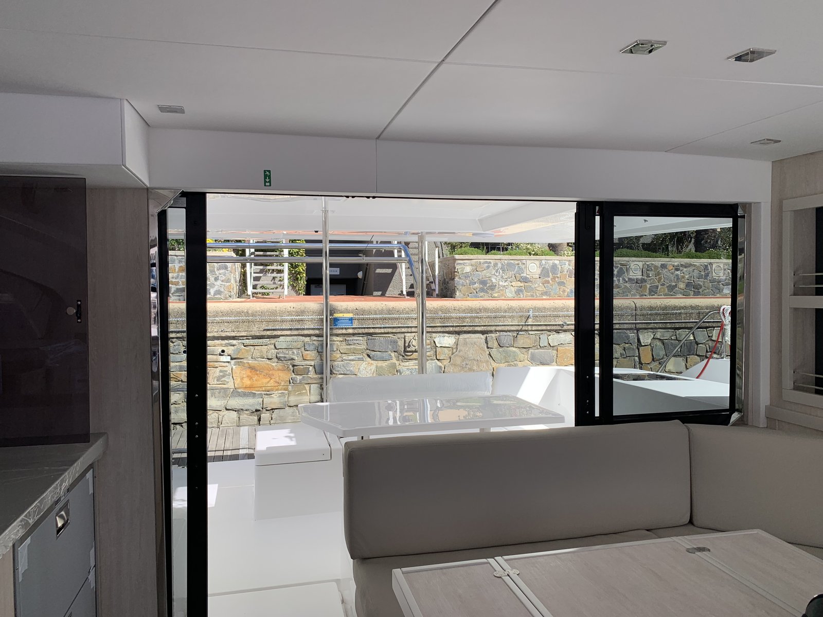The saloon looking aft — the layout that drew us to the Leopard 40