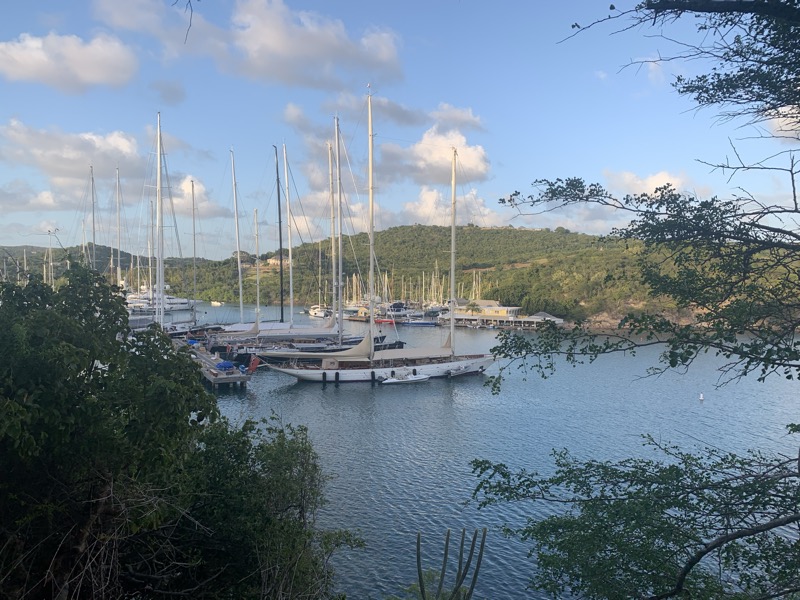 Nelson's Dockyard marina in Antigua — an elevated view of the fleet packed into the sheltered harbour