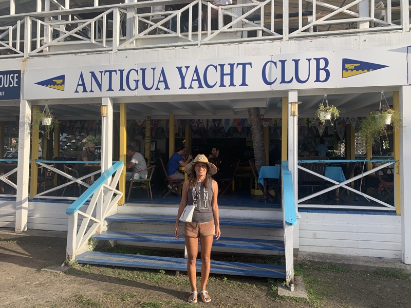 Yuka in front of the Antigua Yacht Club in Falmouth Harbour