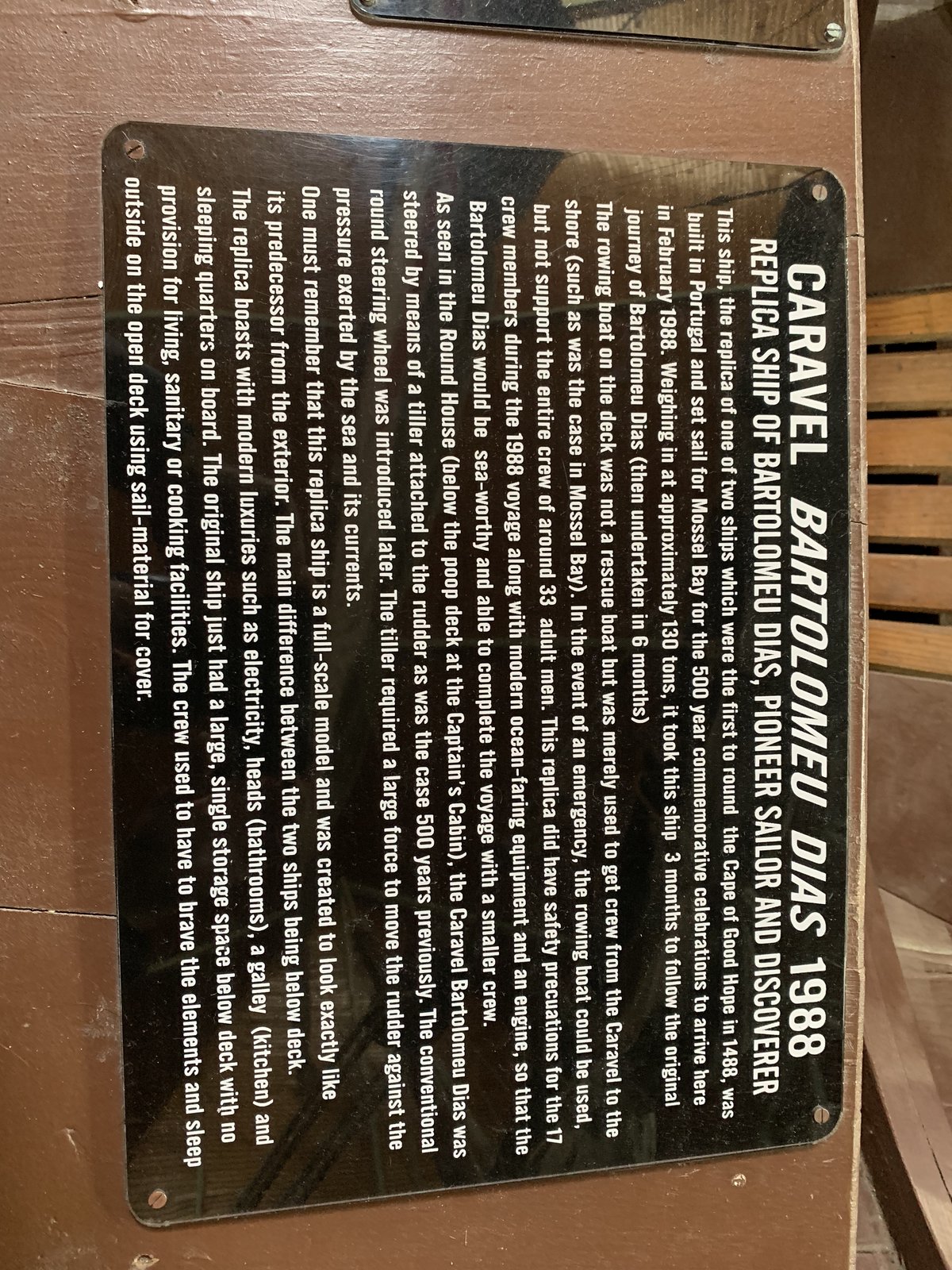 The information plaque for the 1988 caravel replica, built for the 500th anniversary of Dias's voyage