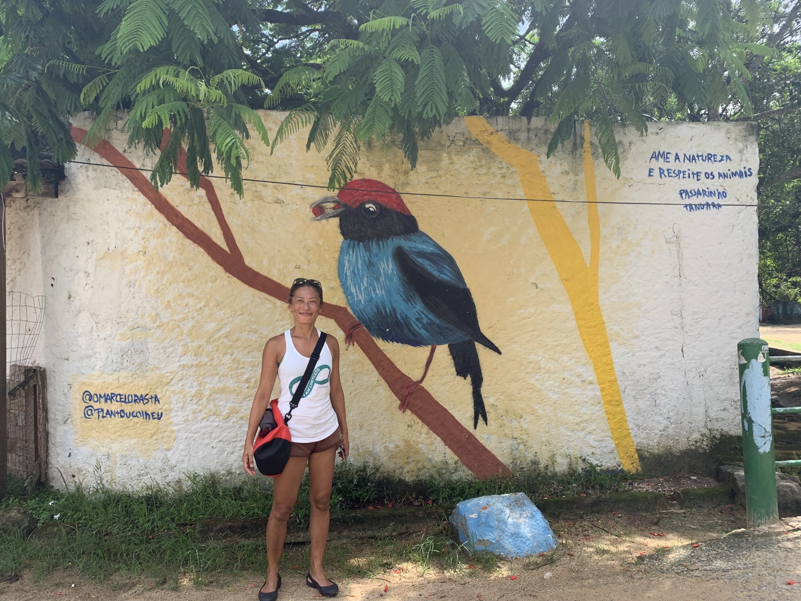 Yuka na frente de um grande mural de pássaro pintado numa parede em Abraão, Ilha Grande — um tangarazinho num galho com o texto AME A NATUREZA E RESPEITE OS ANIMAIS
