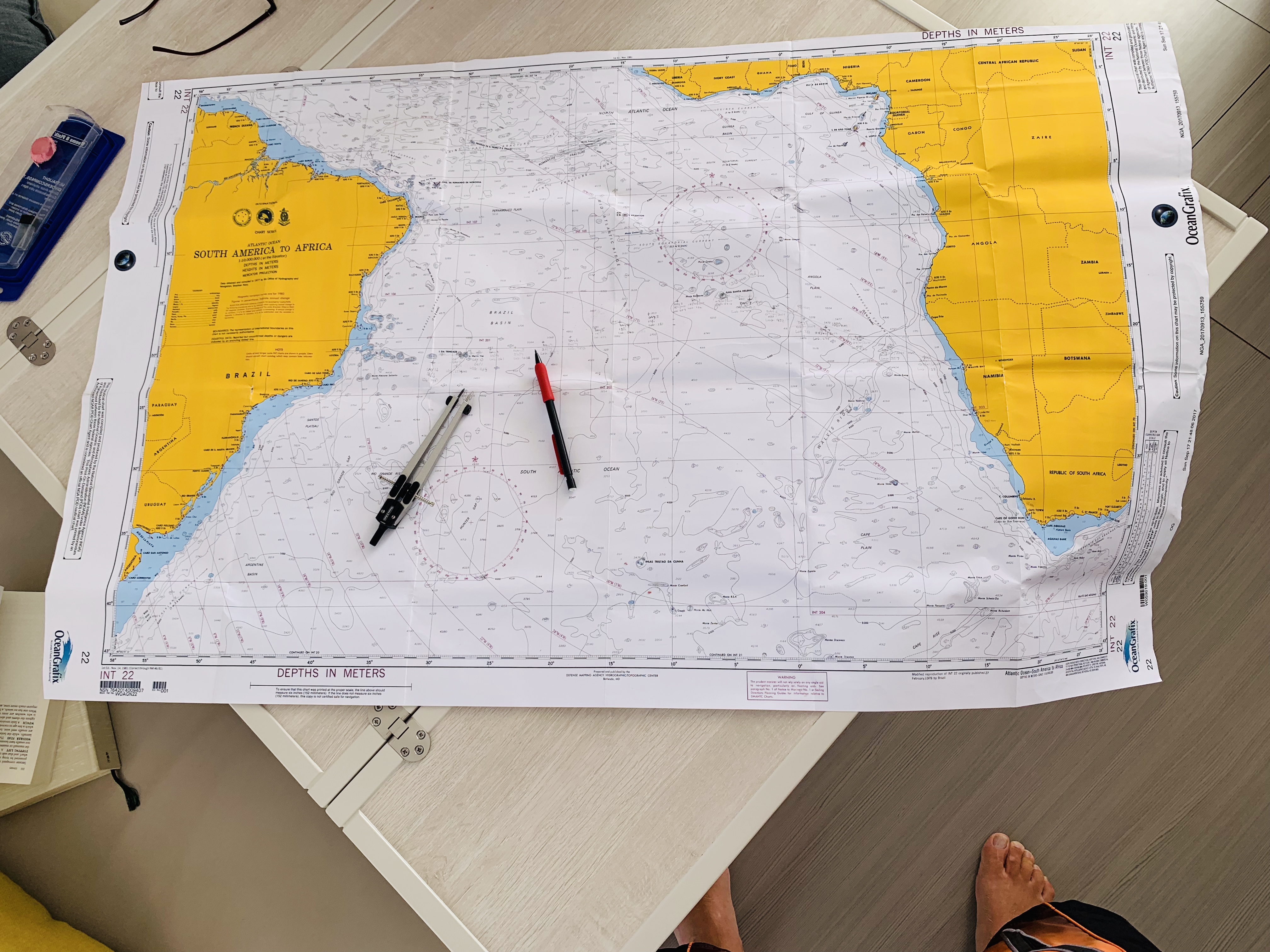 Plotting out position on the chart during the South Atlantic ocean crossing