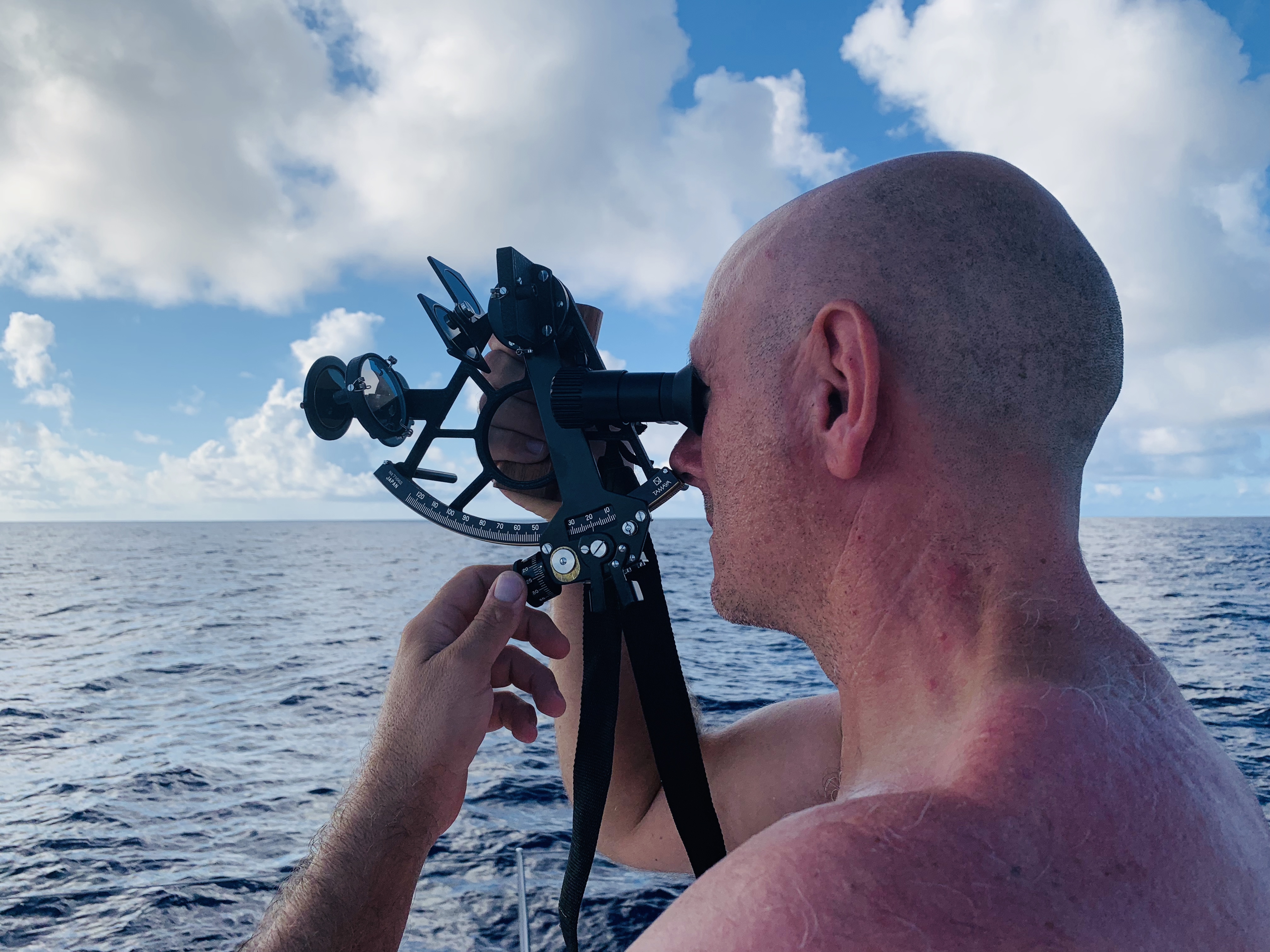 Taking a sight with the sextant during South Atlantic ocean crossing