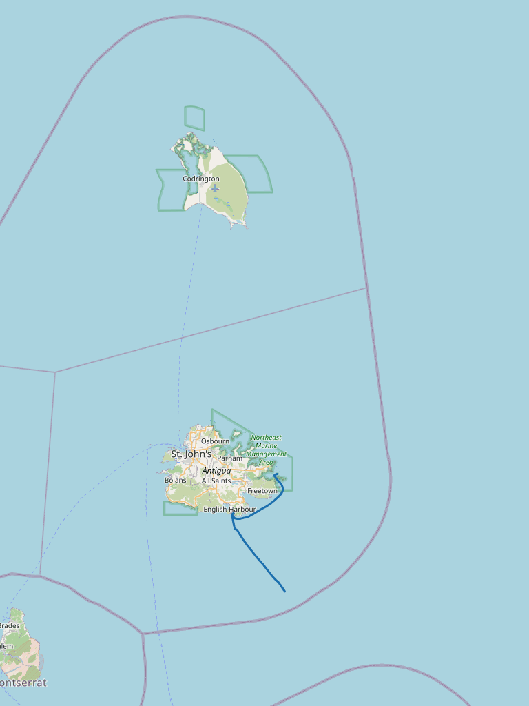 S/V Oroboro GPS sailing track — Barbuda COVID lockdown, March–May 2020