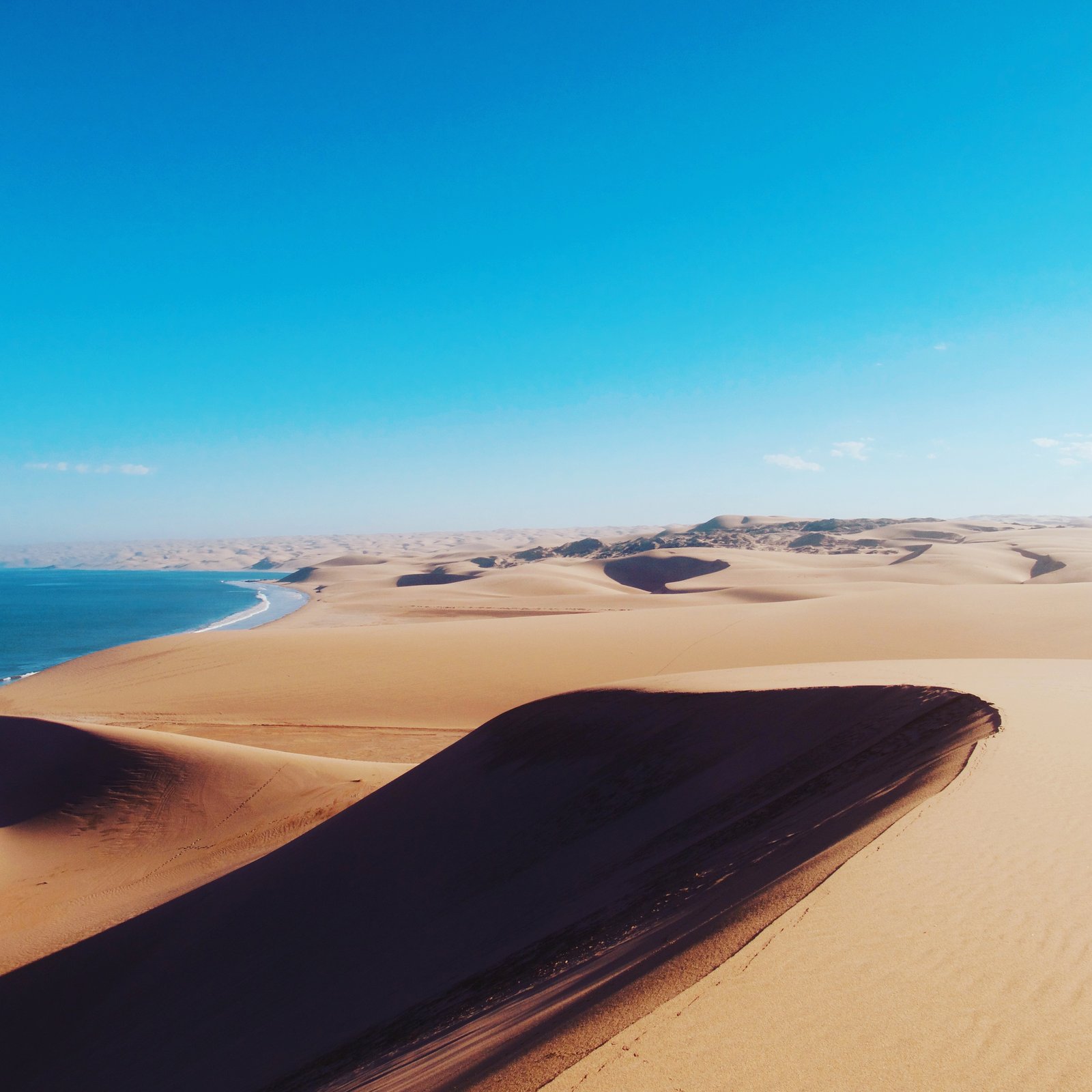 Aerial view of the Namibian Skeleton Coast — dunes meeting the Atlantic
