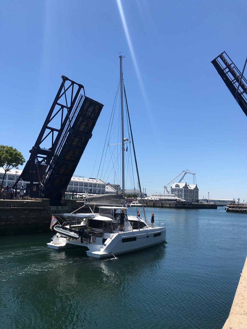 Oroboro clears the V&amp;A Waterfront swing bridge — leaving Cape Town