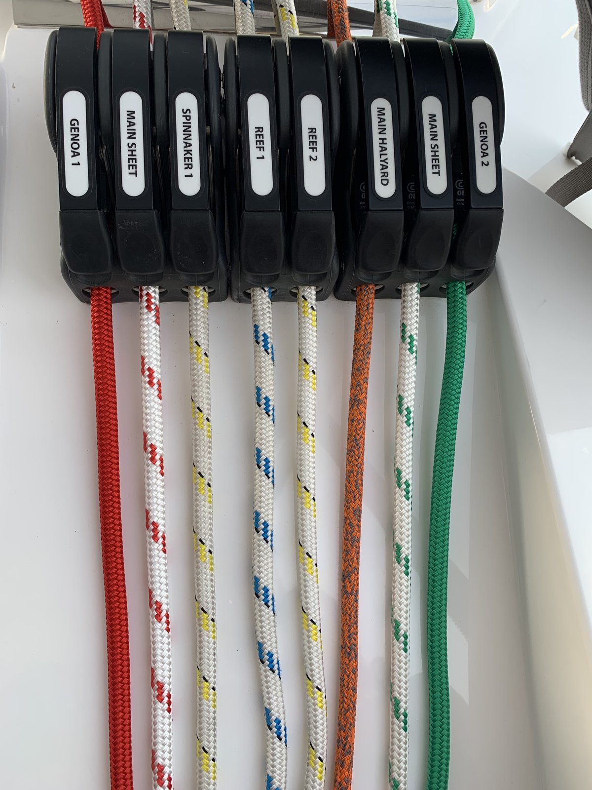All sail controls run to the helm — labeled clutches for genoa, spinnaker, reefing, and halyards
