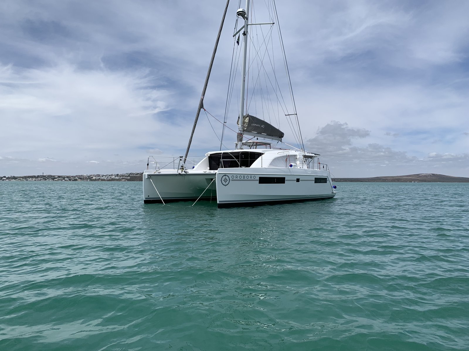 Oroboro anchored in the turquoise lagoon at Langebaan during the shake-down sail