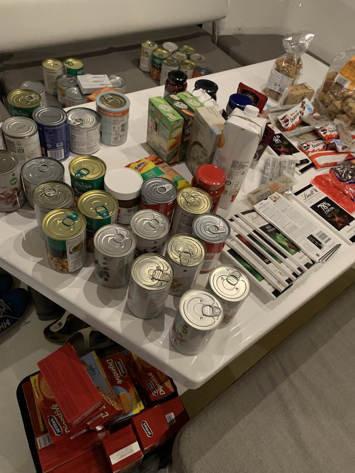 Canned goods, pasta, chocolate, and biscuits — enough for weeks offshore