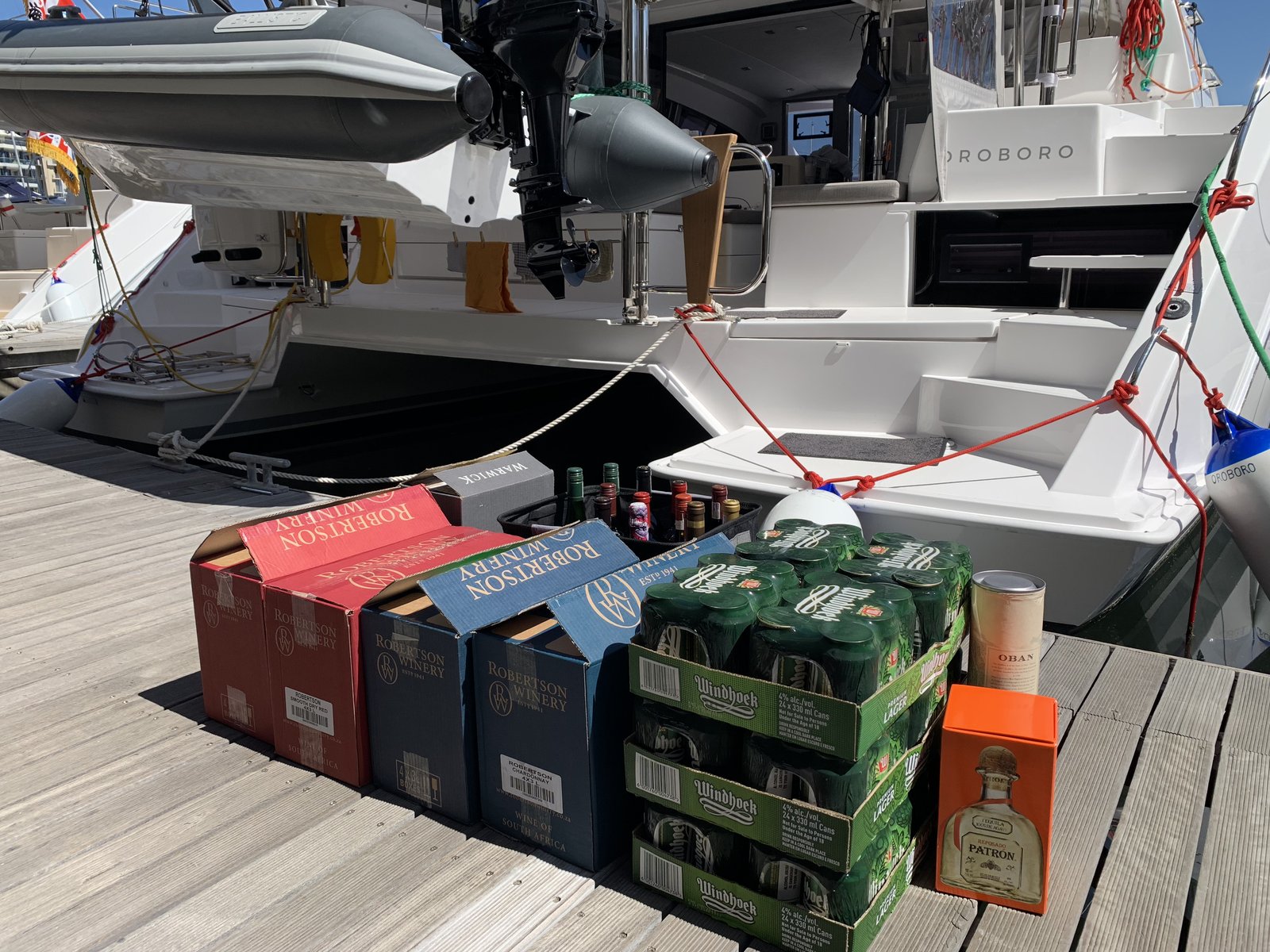 Robertson wine, Windhoek beer, and Patrón — the drinks provisioning for the Atlantic crossing