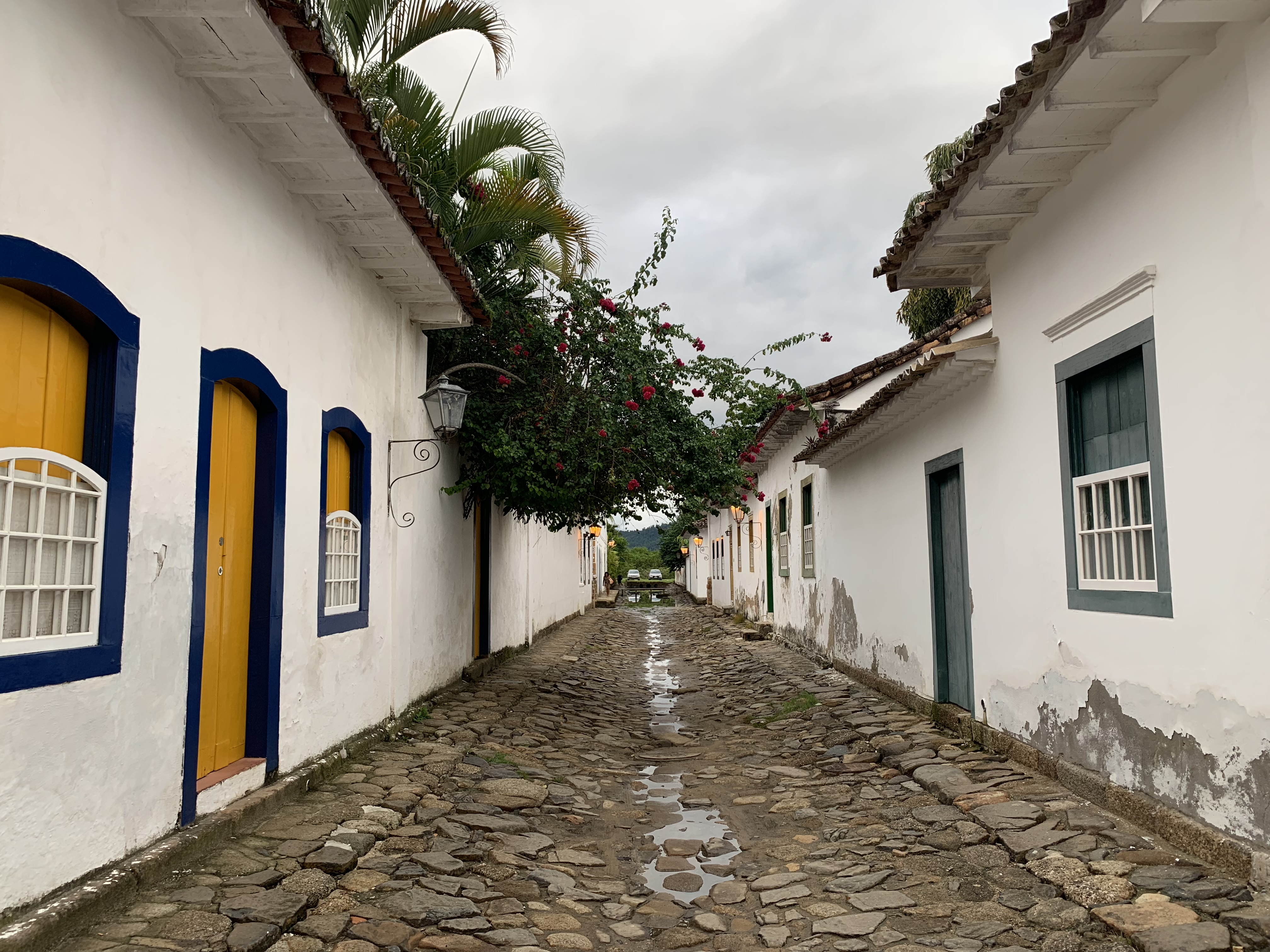 Uma ruela em Paraty com paralelepípedos molhados e um arco de buganvílias acima, as flores cor-de-rosa emoldurando a vista pelo beco