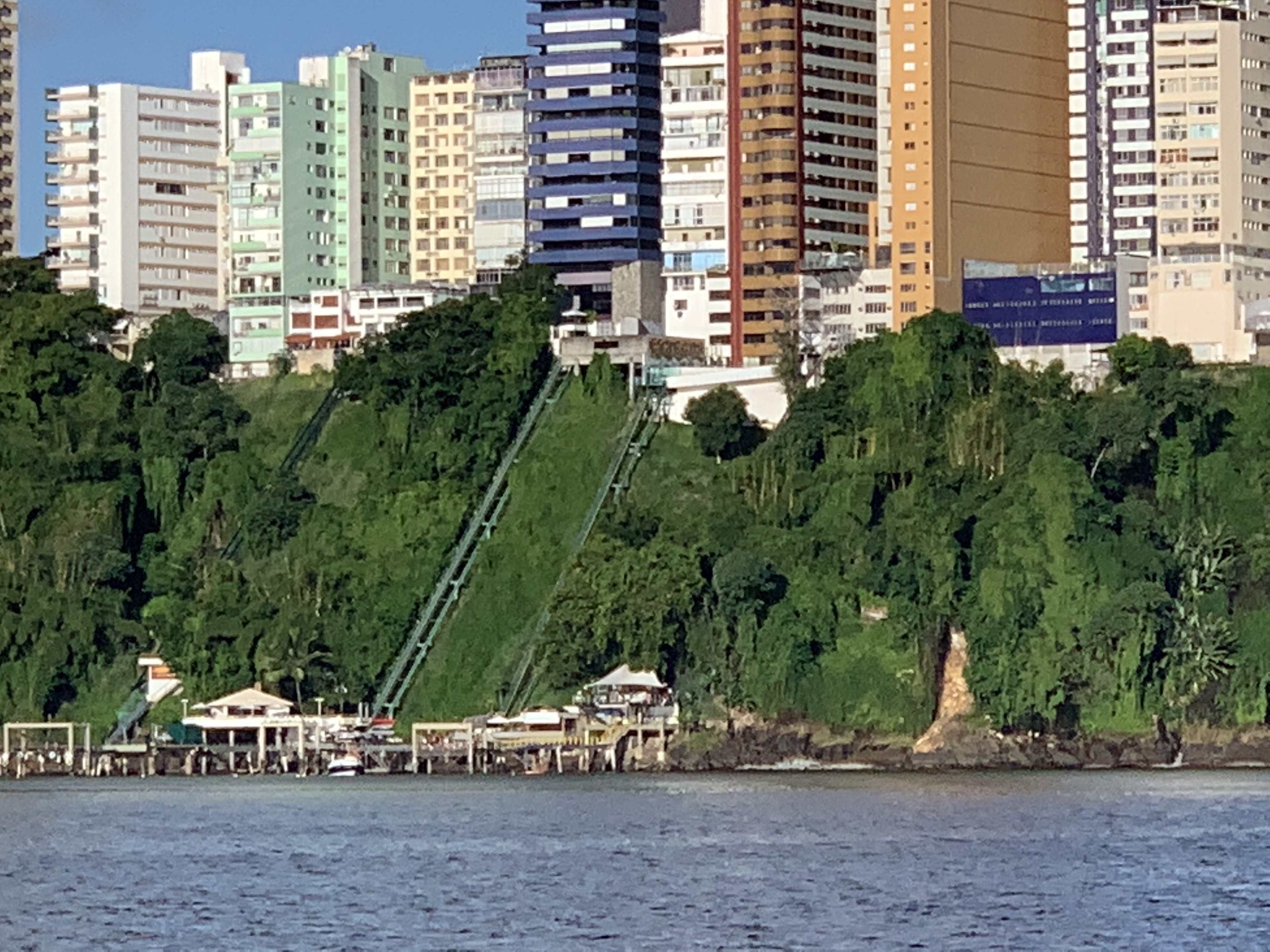 Arriving at Salvador by boat — the Lacerda Elevator visible on the cliff