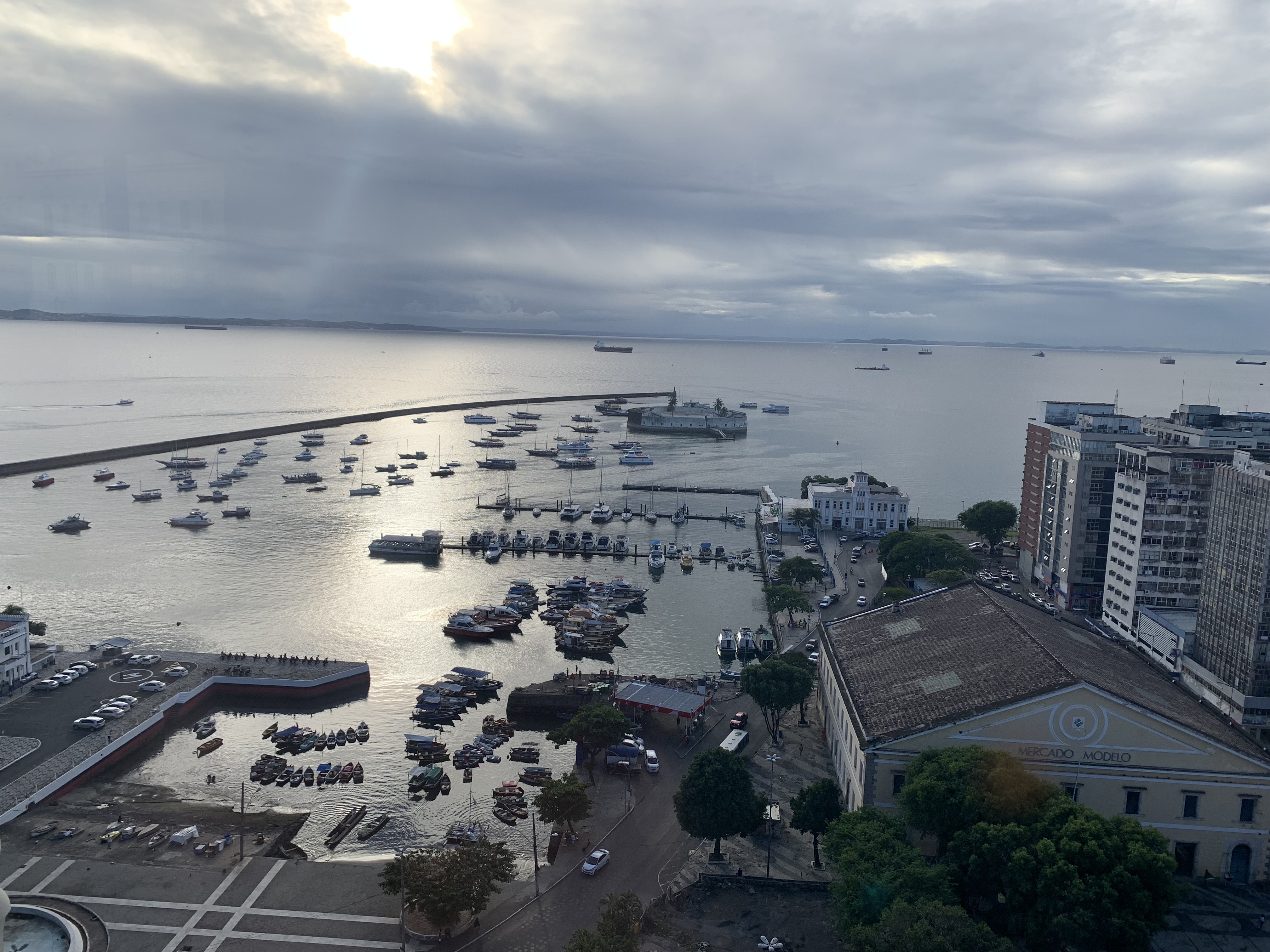 Aerial view over Mercado Modelo and the harbor