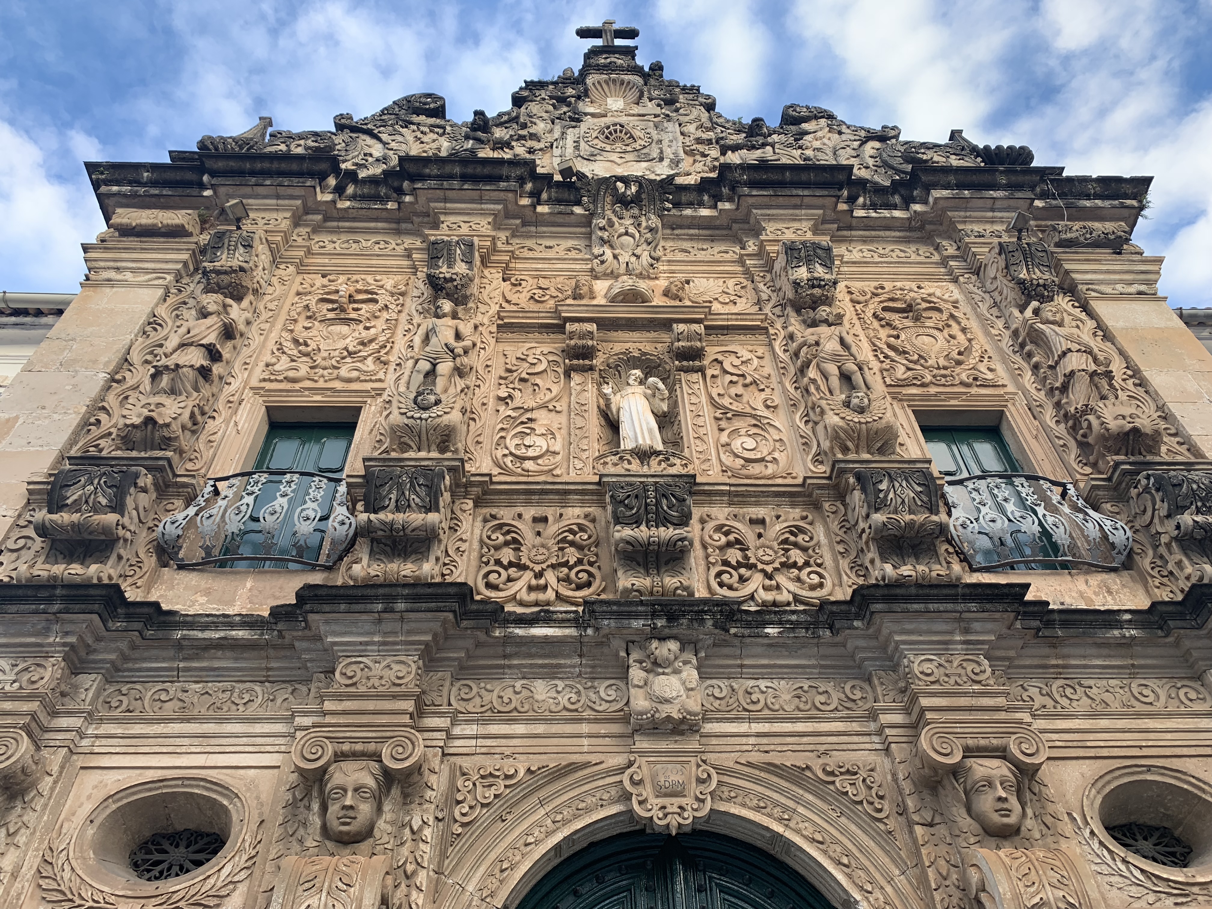 The São Francisco church doorway — detailed baroque stone carvings