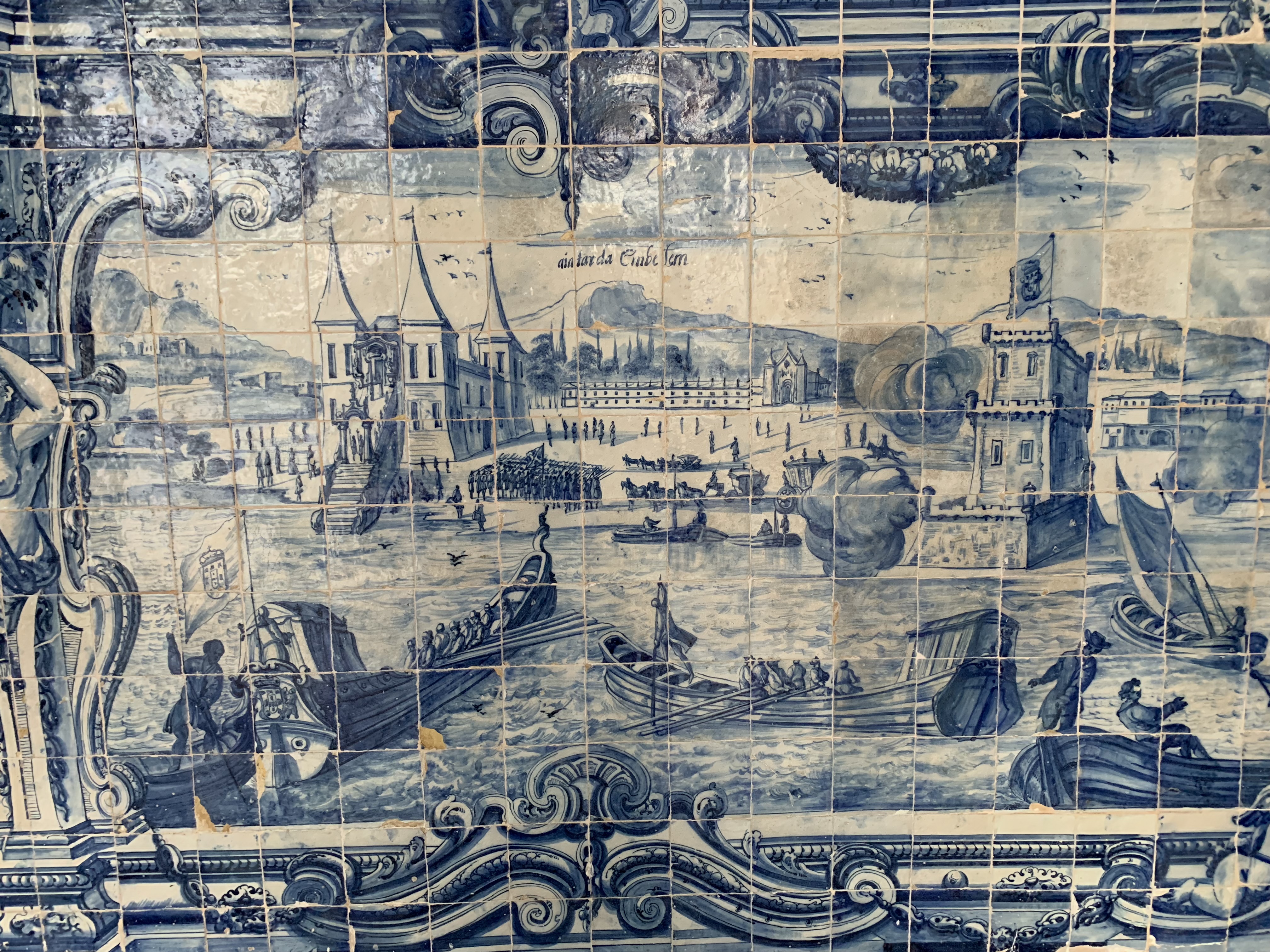 São Francisco cloister — azulejo panel wider corridor view