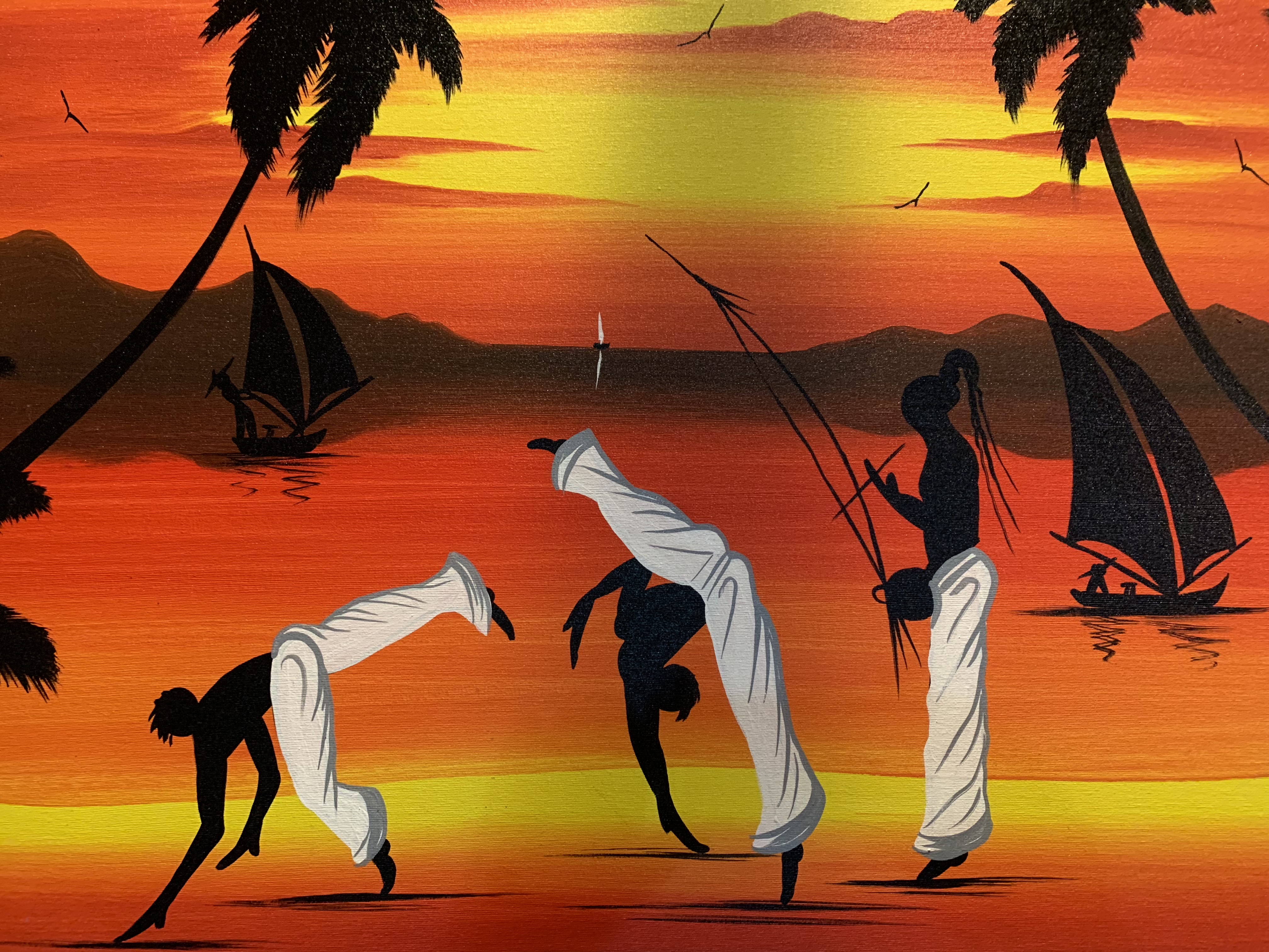 Naïve painting of capoeira silhouettes at orange sunset with sailboats