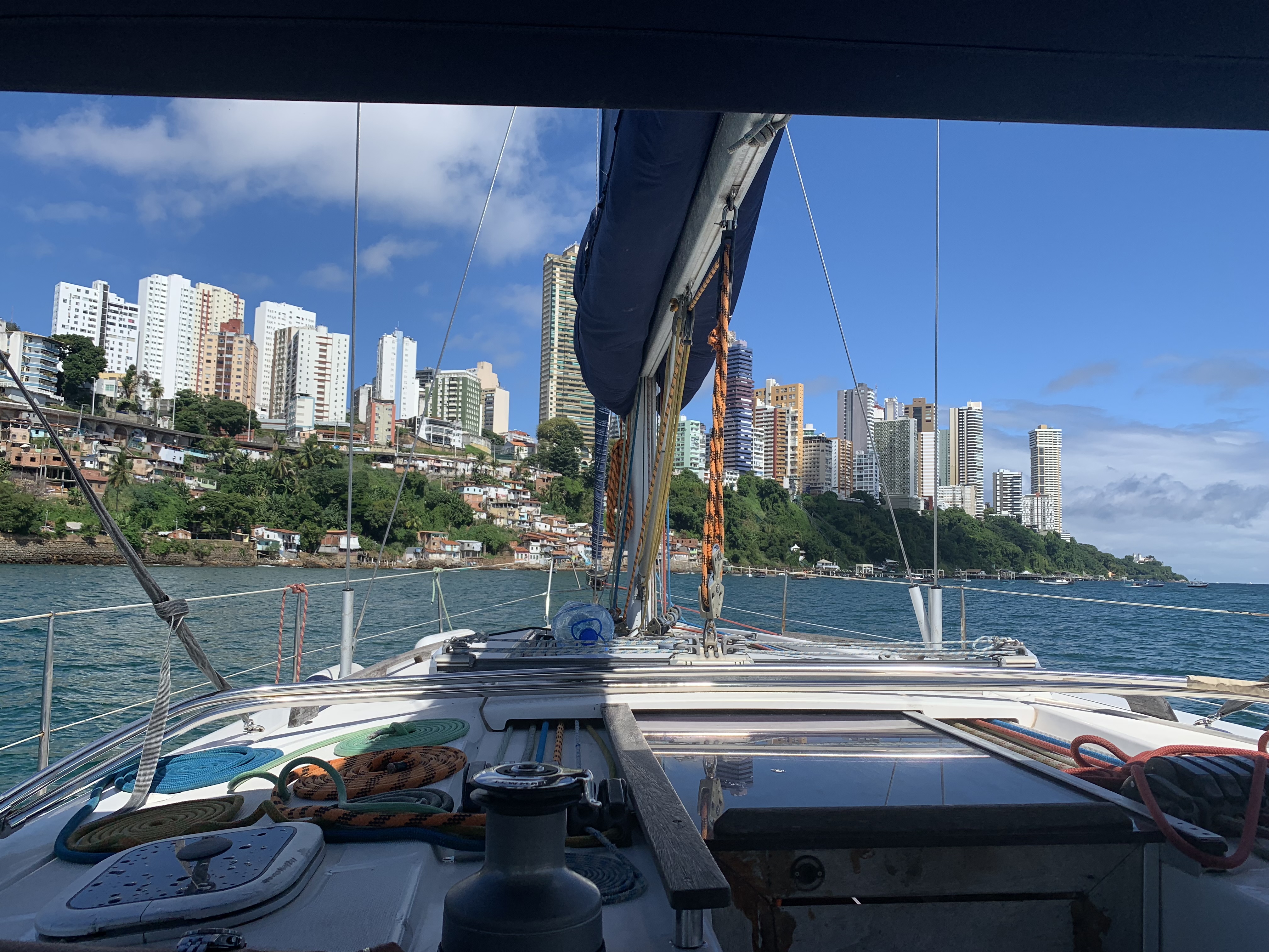View from Oroboro's helm toward the Salvador skyline