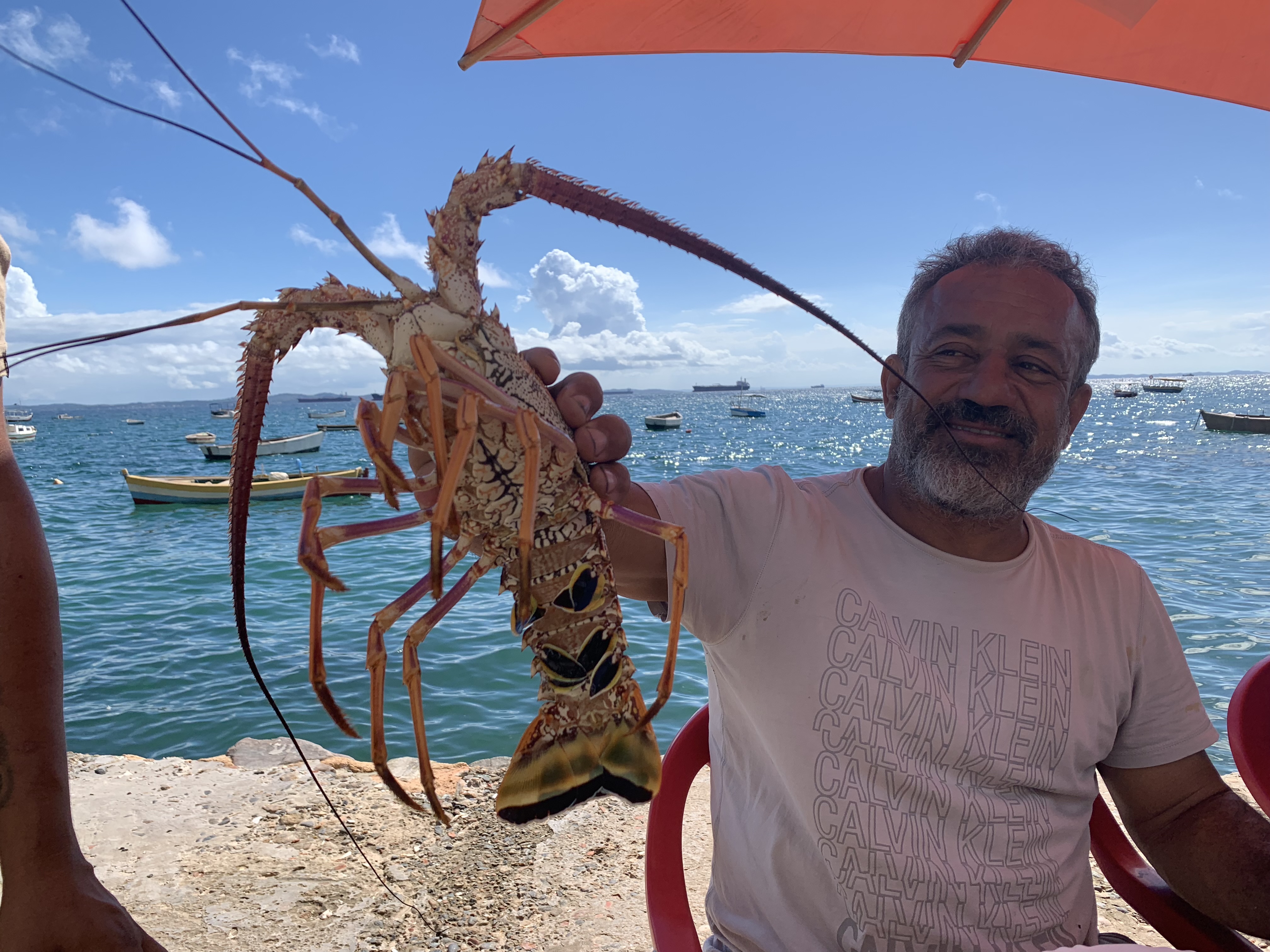 Holding a huge spiny lobster at the quay