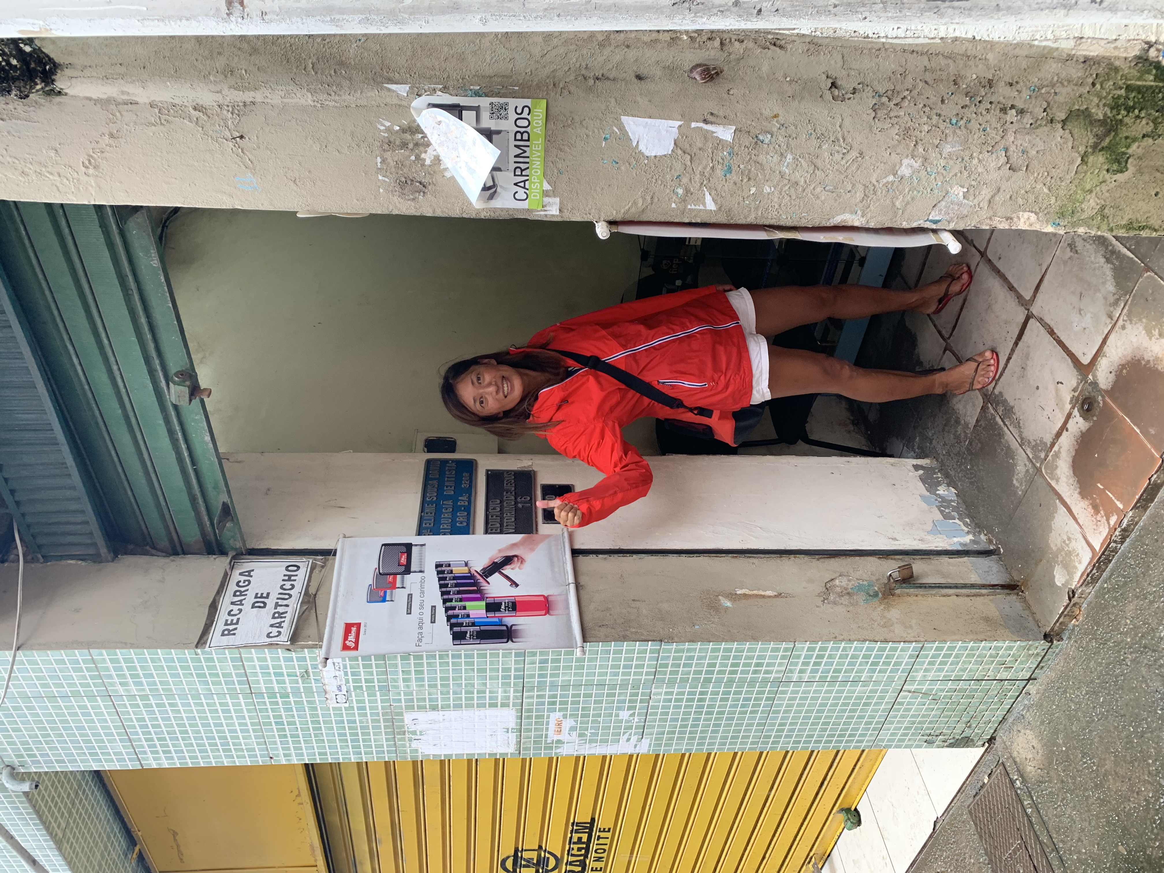 Yuka at the Carimbos woodblock printing kiosk