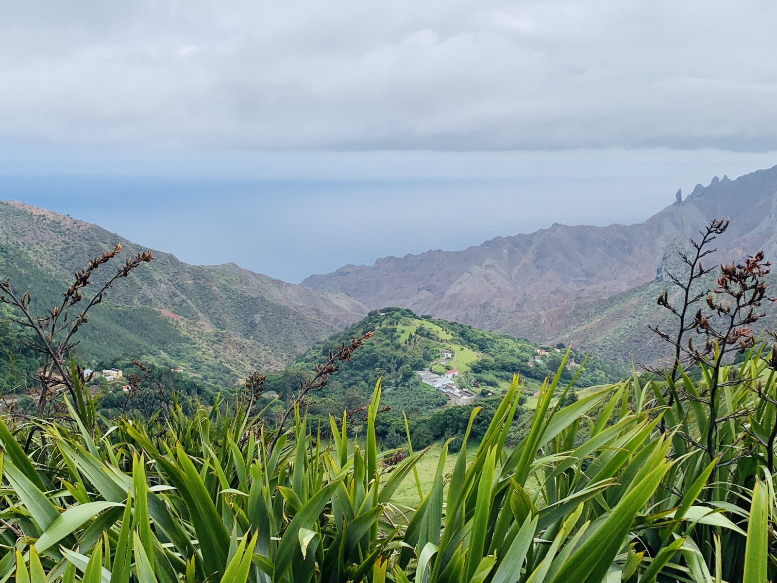 Panoramic view from Diana's Peak — lush green St Helena highlands rolling down to dramatic volcanic ridges and the South Atlantic Ocean