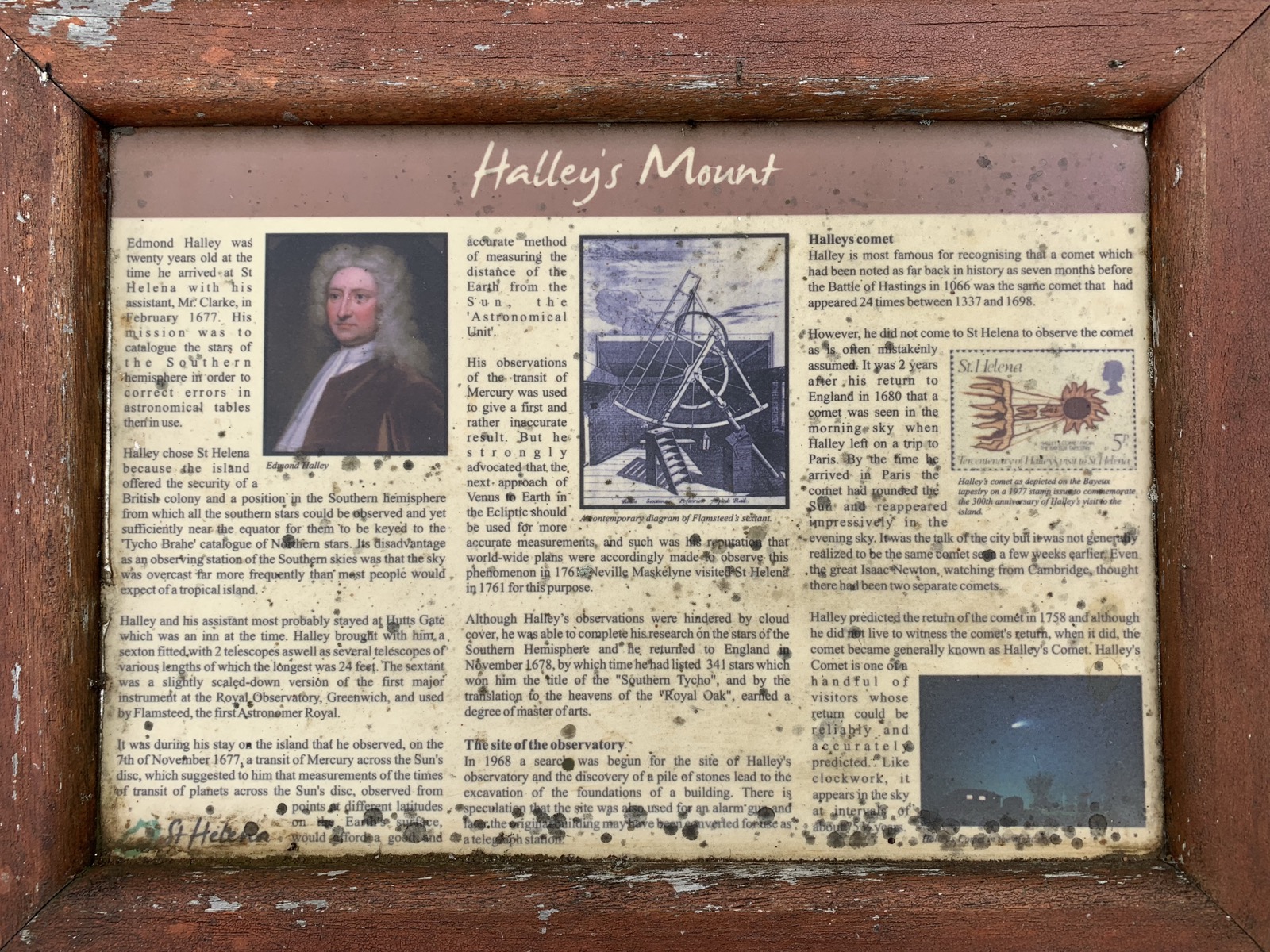 Halley's Mount information board describing Edmond Halley's mission to St Helena in 1676 to catalogue the southern stars