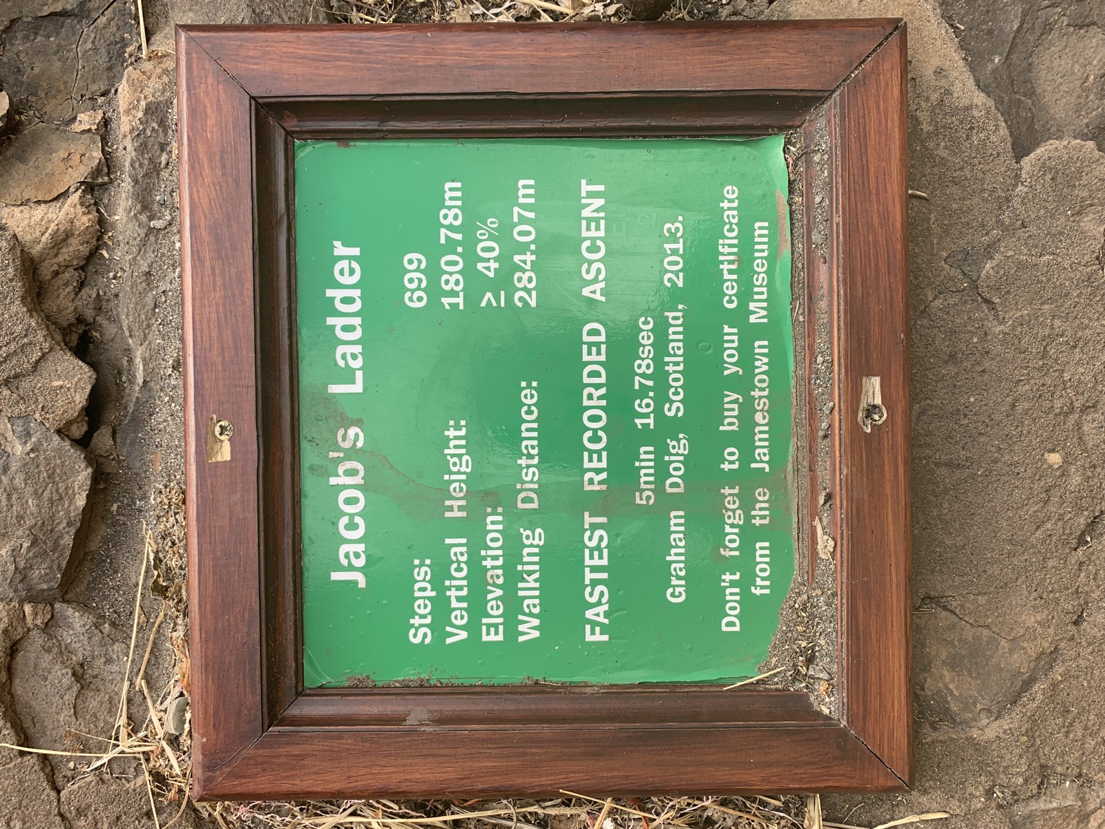 The official Jacob's Ladder sign board: 699 steps, 180.78m vertical height, fastest recorded ascent 5min 16.78sec by Graham Doig, Scotland 2013
