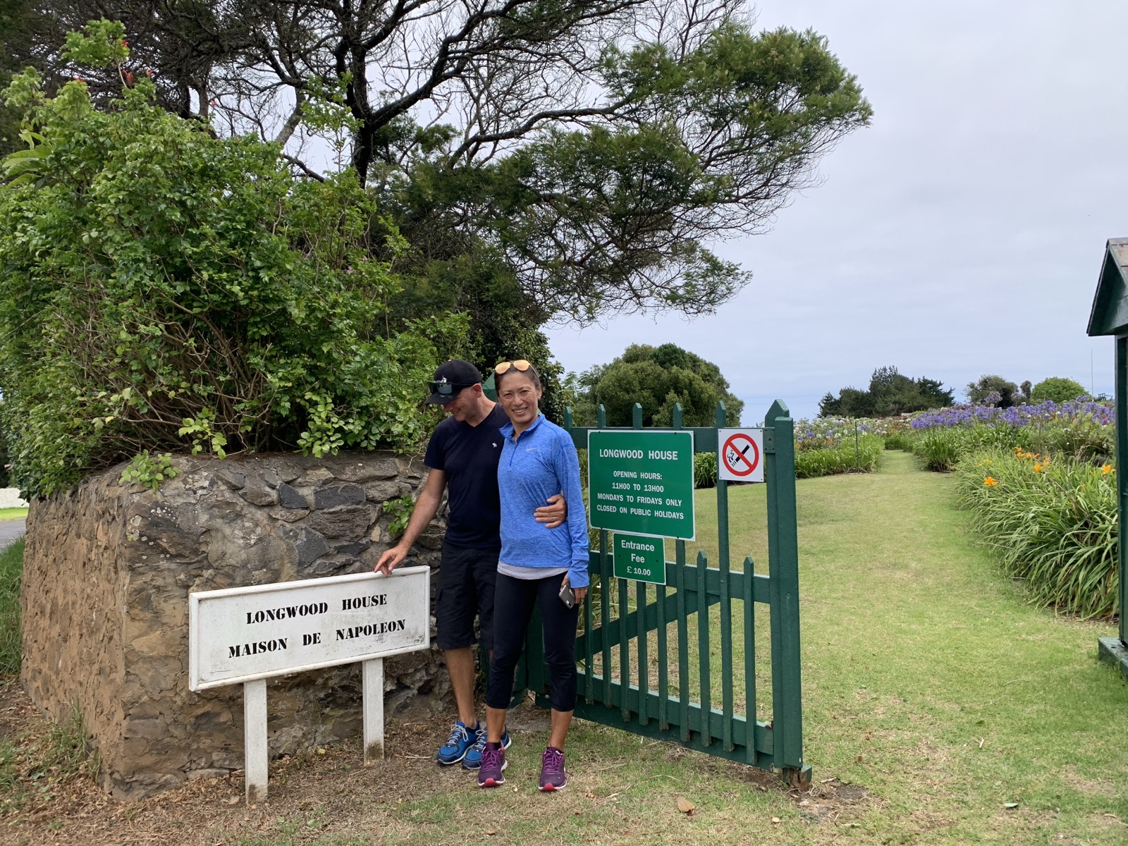 Francesco and Yuka at the Longwood House entrance gate, signed 'LONGWOOD HOUSE / MAISON DE NAPOLEON'